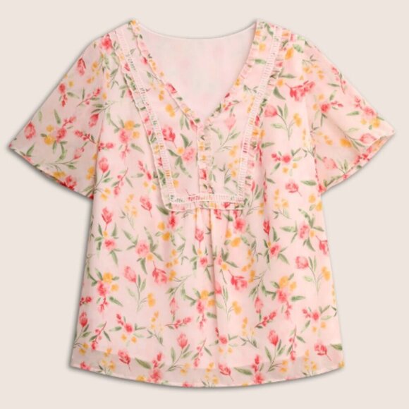 BloomChic Plus Size 3XL Chiffon Watercolor Floral Woven Ribbon Frill Trim Blouse - Picture 5 of 7